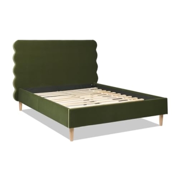 Jennifer Taylor Home Stockholm Modern Wavy Headboard Platform Bed - Olive Green Velvet