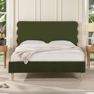 Stockholm Wavy Headboard Queen Bed in Olive Green Velvet
