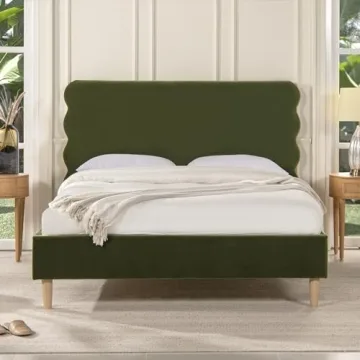Stockholm Wavy Headboard Queen Bed in Olive Green Velvet