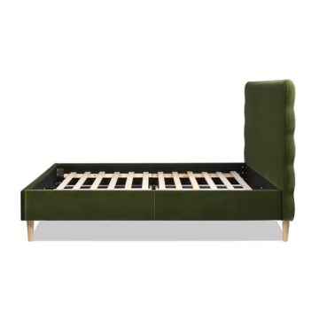 Stockholm Wavy Headboard Queen Bed in Olive Green Velvet