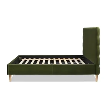 Stockholm Wavy Headboard Queen Bed in Olive Green Velvet