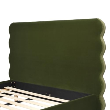 Stockholm Wavy Headboard Queen Bed in Olive Green Velvet