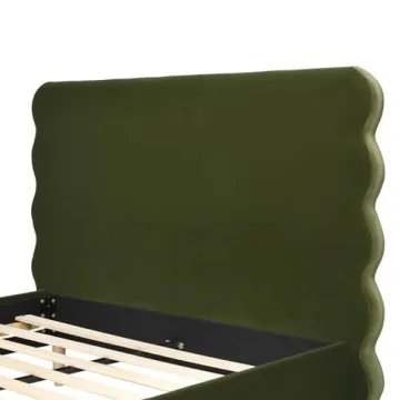 Stockholm Wavy Headboard Queen Bed in Olive Green Velvet