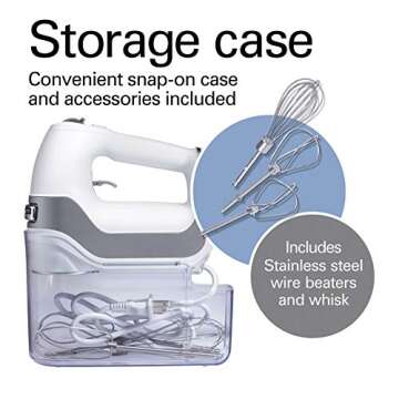 Hamilton Beach Professional 5-Speed Electric Hand Mixer with High-Performance DC Motor, Slow Start, Snap-On Storage Case, Stainless Steel Beaters & Whisk, White (62652)