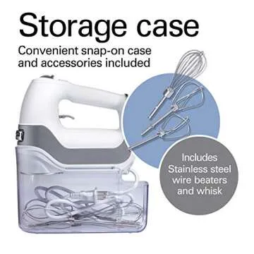 Hamilton Beach Professional 5-Speed Electric Hand Mixer with High-Performance DC Motor, Slow Start, Snap-On Storage Case, Stainless Steel Beaters & Whisk, White (62652)