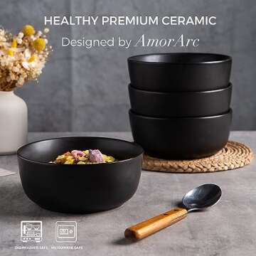 AmorArc Stoneware Cereal Bowls Set of 4, 26oz Soup Bowls Set for Cereal Soup Snacks, Modern Kitchen bowls for Meal, Dishwasher &Microwave Safe, Matte Black