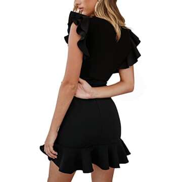 AIMCOO Women's Summer Flutter Sleeve Mini Dresses V Neck Sexy Bodycon Dress Ruffle Hem Zipper Back Solid Short Dress Black