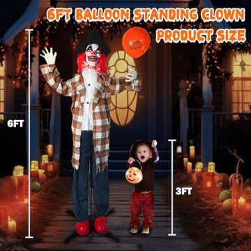 Hourleey 6FT Halloween Animatronics Clown Decorations, Sound Activated Standing Animated Talking Clown Holding Balloon Light Up Eyes for Indoor Outdoor Creepy Party Prop Yard Decor
