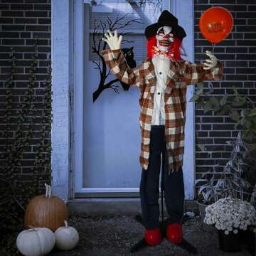 Hourleey 6FT Halloween Animatronics Clown Decorations, Sound Activated Standing Animated Talking Clown Holding Balloon Light Up Eyes for Indoor Outdoor Creepy Party Prop Yard Decor