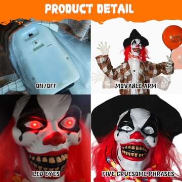 Hourleey 6FT Halloween Animatronics Clown Decorations, Sound Activated Standing Animated Talking Clown Holding Balloon Light Up Eyes for Indoor Outdoor Creepy Party Prop Yard Decor