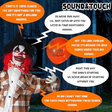 Hourleey 6FT Halloween Animatronics Clown Decorations, Sound Activated Standing Animated Talking Clown Holding Balloon Light Up Eyes for Indoor Outdoor Creepy Party Prop Yard Decor