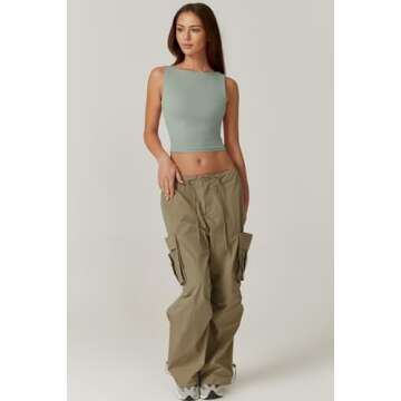 QINSEN Womens Sleeveless Double Lined Tank Tops High Neck Open Back Crop Tees Summer Y2K Tops Smoke Green L