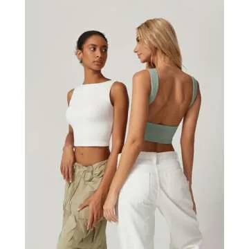 QINSEN Womens Sleeveless Double Lined Tank Tops High Neck Open Back Crop Tees Summer Y2K Tops Smoke Green L