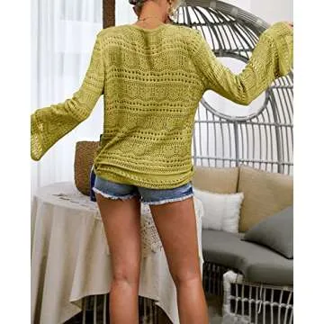 Saodimallsu Womens Bell Sleeve Tops Oversized V Neck Shirts Flowy Crochet Sexy Tie Front Ruched Ruffle Top Blouse Yellow Green