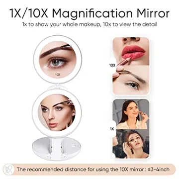KEDSUM Upgraded Rechargeable Travel Makeup Mirror with Light, 1X/10X Magnifying Mirror with Light, Compact Travel Mirror with LED Lighted, Double Sided Folding Vanity Mirror, Daylight, Portable(White)