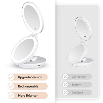 KEDSUM Upgraded Rechargeable Travel Makeup Mirror with Light, 1X/10X Magnifying Mirror with Light, Compact Travel Mirror with LED Lighted, Double Sided Folding Vanity Mirror, Daylight, Portable(White)