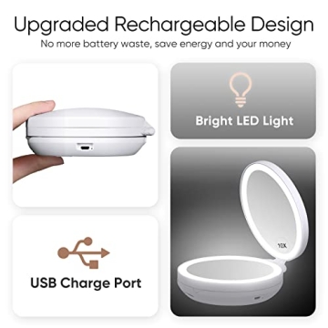 KEDSUM Upgraded Rechargeable Travel Makeup Mirror with Light, 1X/10X Magnifying Mirror with Light, Compact Travel Mirror with LED Lighted, Double Sided Folding Vanity Mirror, Daylight, Portable(White)