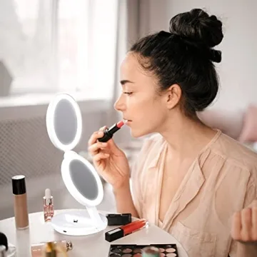 KEDSUM Upgraded Rechargeable Travel Makeup Mirror with Light, 1X/10X Magnifying Mirror with Light, Compact Travel Mirror with LED Lighted, Double Sided Folding Vanity Mirror, Daylight, Portable(White)