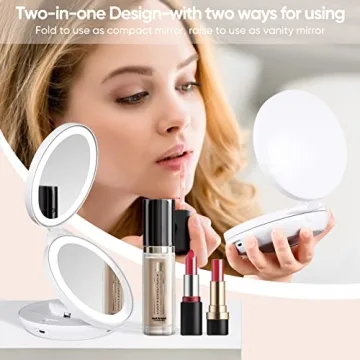 KEDSUM Upgraded Rechargeable Travel Makeup Mirror with Light, 1X/10X Magnifying Mirror with Light, Compact Travel Mirror with LED Lighted, Double Sided Folding Vanity Mirror, Daylight, Portable(White)