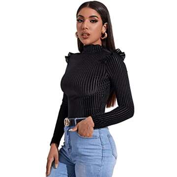 SOLY HUX Women's Frill Trim Mock Neck Long Sleeve Tee Velvet T Shirt Top Black S
