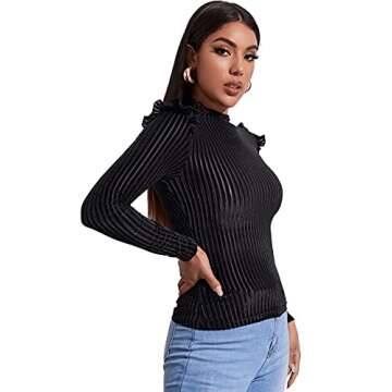 SOLY HUX Women's Frill Trim Mock Neck Long Sleeve Tee Velvet T Shirt Top Black S