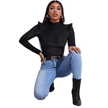 SOLY HUX Women's Frill Trim Mock Neck Long Sleeve Tee Velvet T Shirt Top Black S