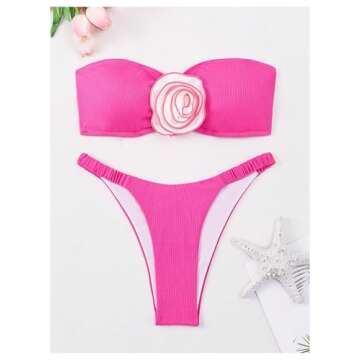OYOANGLE Women's 2 Piece Bikini Sets 3D Floral Appliques Colorblock Sleeveless Strapless High Cut Bandeau Swimsuits Pink Large