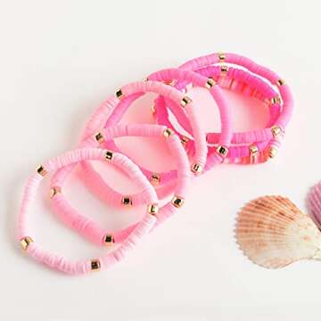 LYNMOS Colorful Heishi Clay Bead Bracelet Set for Women Stackable Vinyl Disc Polymer Beaded Stretch ...