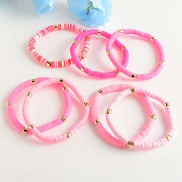 LYNMOS Colorful Heishi Clay Bead Bracelet Set for Women Stackable Vinyl Disc Polymer Beaded Stretch Bracelets Preppy Bohemian Summer Beach Bracelets Jewelry (B-Pink, 7.2 Inch)