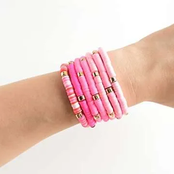 LYNMOS Colorful Heishi Clay Bead Bracelet Set for Women Stackable Vinyl Disc Polymer Beaded Stretch Bracelets Preppy Bohemian Summer Beach Bracelets Jewelry (B-Pink, 7.2 Inch)