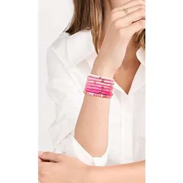 LYNMOS Colorful Heishi Clay Bead Bracelet Set for Women Stackable Vinyl Disc Polymer Beaded Stretch Bracelets Preppy Bohemian Summer Beach Bracelets Jewelry (B-Pink, 7.2 Inch)