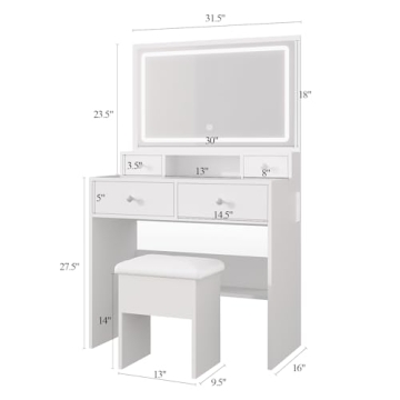 Haewon Makeup Vanity Desk with Mirror and Lights, Vanity Table with 4 Drawers, Charing Station and Storage Chair
