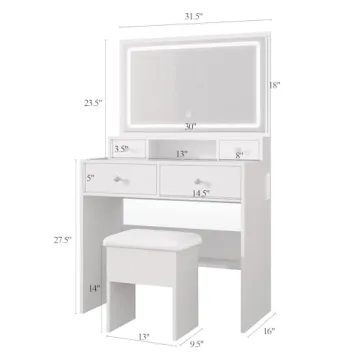 Haewon Makeup Vanity Desk with Mirror and Lights, Vanity Table with 4 Drawers, Charing Station and Storage Chair