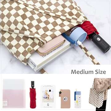 PAZIMIIK Corduroy Tote Bags for Women Reusable Grocery Shopping Shoulder Go-to Everyday Bag with Canvas Lining for Work Travel,Checkered Light Brown