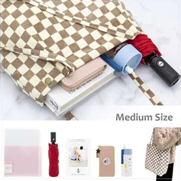 PAZIMIIK Corduroy Tote Bags for Women Reusable Grocery Shopping Shoulder Go-to Everyday Bag with Canvas Lining for Work Travel,Checkered Light Brown