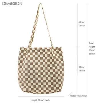 PAZIMIIK Corduroy Tote Bags for Women Reusable Grocery Shopping Shoulder Go-to Everyday Bag with Canvas Lining for Work Travel,Checkered Light Brown