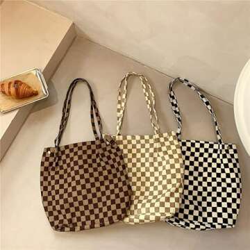 PAZIMIIK Corduroy Tote Bags for Women Reusable Grocery Shopping Shoulder Go-to Everyday Bag with Canvas Lining for Work Travel,Checkered Light Brown