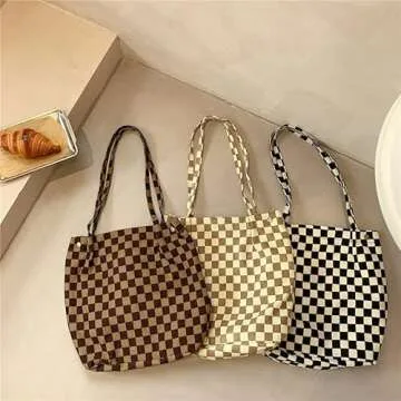 PAZIMIIK Corduroy Tote Bags for Women Reusable Grocery Shopping Shoulder Go-to Everyday Bag with Canvas Lining for Work Travel,Checkered Light Brown