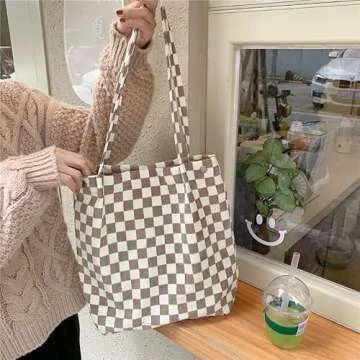 PAZIMIIK Corduroy Tote Bags for Women Reusable Grocery Shopping Shoulder Go-to Everyday Bag with Canvas Lining for Work Travel,Checkered Light Brown