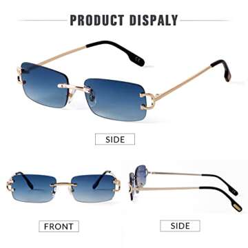 SDINM Rimless Sunglasses for Men Women Fashion Small Narrow Rectangle Sun Glasses Shades 90s Eyewear, Blue