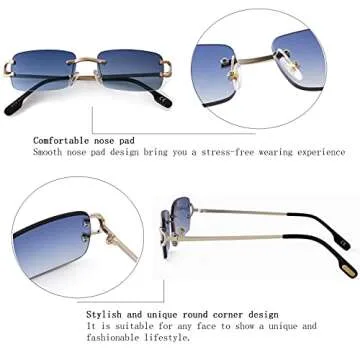 SDINM Rimless Sunglasses for Men Women Fashion Small Narrow Rectangle Sun Glasses Shades 90s Eyewear, Blue