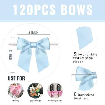 Rainbow Pana Baby Blue Twist Tie Bows 120 Pack 3"