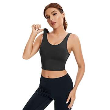 SJBYST Padded Longline Sports Bra Women Medium Support V-Neck Yoga Bra Built in Bra Removable Cups Tank Tops for Gym Workout Fitness Black Medium