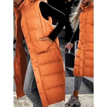 Grlasen Women's long Quilted Vest hooded sleeveless Button Down puff vest cotton padded jacket winter coat