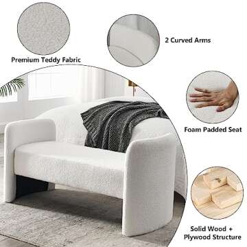 Setawix Teddy Fabric Bed Ottoman Bench,52 Inch Fuzzy Sherpa Bedroom Benches End of Bed,Faux Fur Boucle Entryway Window Bench with Seating,Living Room Long Bench Footrest Stools (White Teddy)