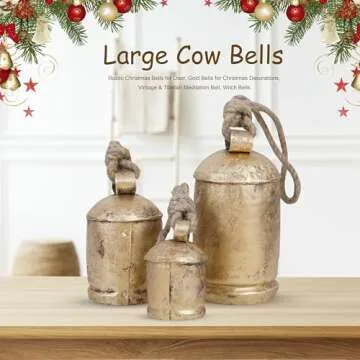 Krati Exports 3 Pc Giant Harmony Cow Bells Rustic Handmade Decorative Vintage Hanging Bells with Jute Rope (Gold Rustic, Large)