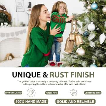 Krati Exports 3 Pc Giant Harmony Cow Bells Rustic Handmade Decorative Vintage Hanging Bells with Jute Rope (Gold Rustic, Large)