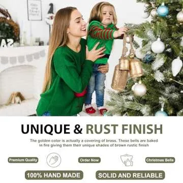 Krati Exports 3 Pc Giant Harmony Cow Bells Rustic Handmade Decorative Vintage Hanging Bells with Jute Rope (Gold Rustic, Large)