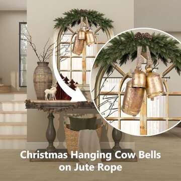 Krati Exports 3 Pc Giant Harmony Cow Bells Rustic Handmade Decorative Vintage Hanging Bells with Jute Rope (Gold Rustic, Large)
