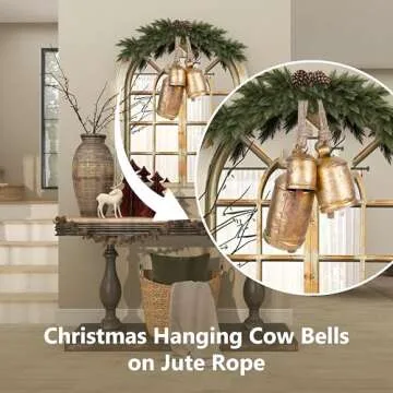 Krati Exports 3 Pc Giant Harmony Cow Bells Rustic Handmade Decorative Vintage Hanging Bells with Jute Rope (Gold Rustic, Large)